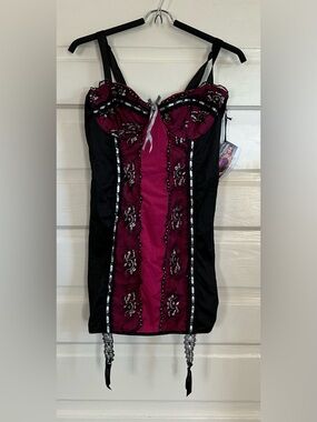 Coquette Black & Pink Lace-Up Chemise with Garter Straps